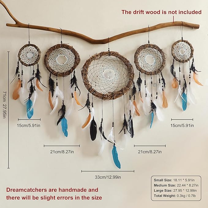 5 Pack Boho Dream Catcher Native American Wall Art Set, Handmade Natural Rattan Feathers Large Dreamcatcher Rustic Hanging Ornament Indian Wall Decor for Bedroom Adult