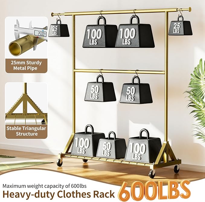 Luxspire Heavy Duty Clothes Rack Load 600 LBS, Double Rod Clothing Rack, Rolling Garment Racks with Lockable Wheels, Shelves, Adjustable Laundry Hanging Racks for Clothes, Gold