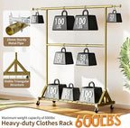 Luxspire Heavy Duty Clothes Rack Load 600 LBS, Double Rod Clothing Rack, Rolling Garment Racks with Lockable Wheels, Shelves, Adjustable Laundry Hanging Racks for Clothes, Gold