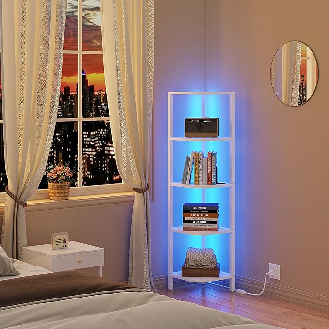 TUTOTAK Corner Shelf with LED Light, 5-Tier Corner Bookshelf for Small Space, Narrow Display Corner Shelf Stand with Storage Rack, for Living Room, Bedroom, White BS08BW005L