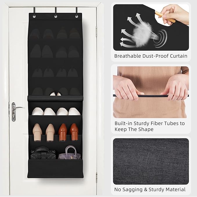 STORAGE MANIAC Over the Door Shoe Organizer with Curtain Dustproof Heavy-Duty Large Deep Pocket Hanging Shoe Organizer for Closet Dorm & Narrow Door Storage Shoe Holder Shoe Rack, 7-Shelf Black 1 Pack