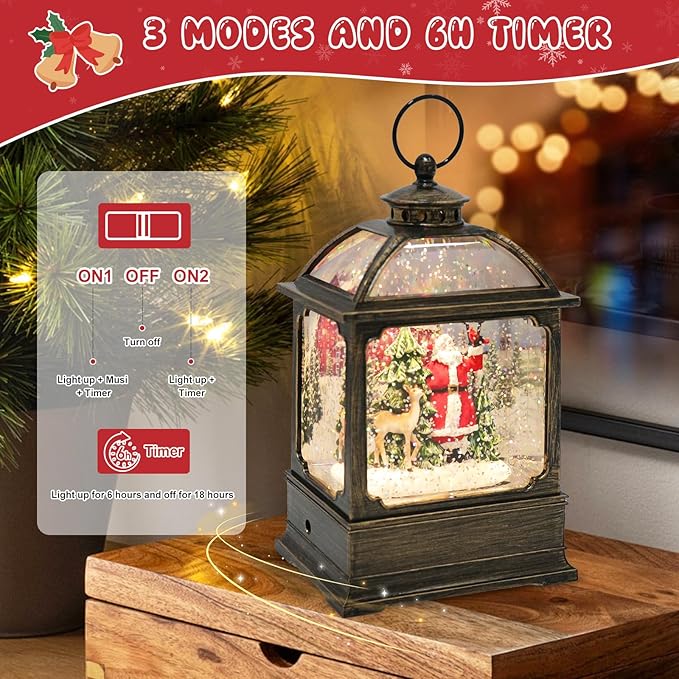 Christmas Snow Globe Lantern with Santa and Reindeer 8 Music Songs & 6H Timer Water Snow Globe Lantern USB & Battery Operated for Christmas Festival Decorations Gifts (Santa and Reindeer)