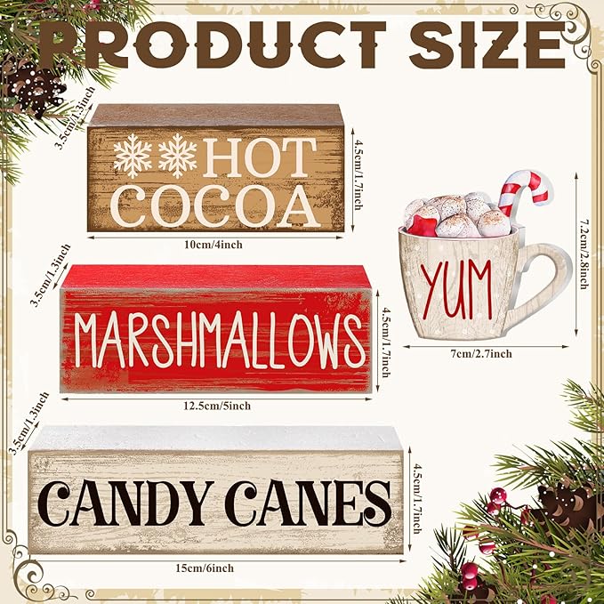 Moucuny 4 Pcs Wooden Christmas Tabletop Decor Hot Cocoa Tiered Tray Decor Rustic Wood Hot Cocoa Block Sign Gift Merry Christmas Centerpiece Farmhouse Winter Table Decoration