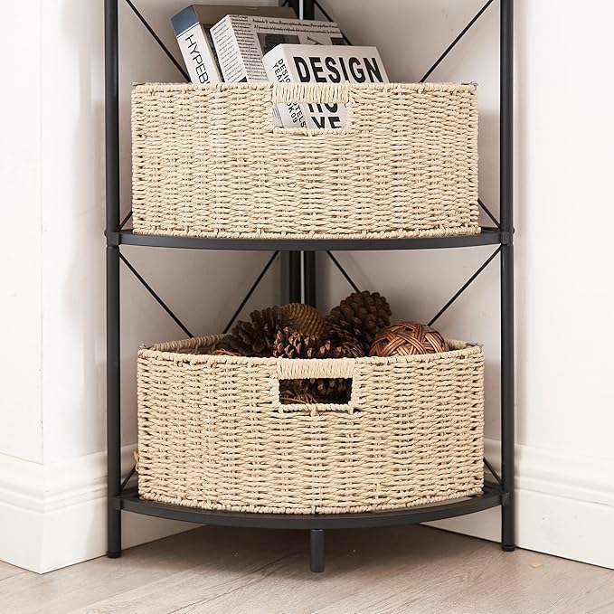VECELO 5 Tier Corner Shelf with 2 Woven Basket, 55" Tall Standing Organizer, Rustic Brown Storage Rack, Narrow Bookshelf Display Shelves Rack for Wall Corner, Living Room, Kitchen, Bedroom, Office