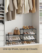 SONGMICS Shoe Rack, 2-Tier Shoe Storage Organizer, Space-Saving, 11.7 x 16.5 x 12.2 Inches, Entryway, Metal Frame, Non-Woven Fabric Shelves, Ink Black ULSH012BH01