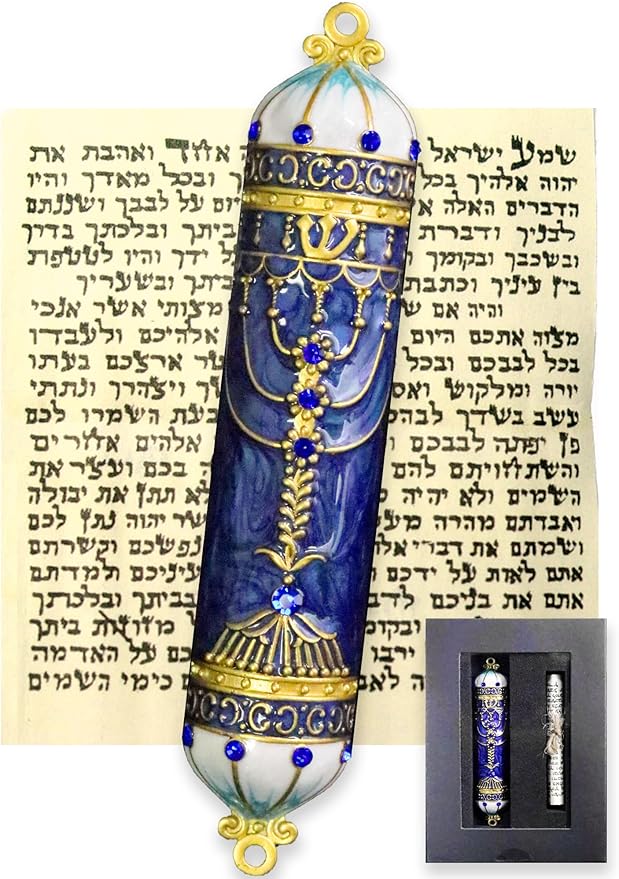Exquisite Enamel Design Mezuzah with Scroll, Easy Install Use Double-Sided Tape, Royal Blue Mezuzah for Door with Crystal Diamond Accent for Any Memorable Jewish Occasions, 3.8”
