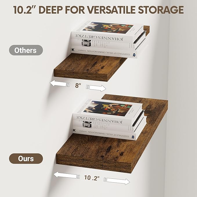 Vivelove 10 Inch Deep Floating Shelves 16 inch Long, 16 x 10 Wide Wall Shelves with Invisible Brackets, for Bedroom Bathroom Living Room Kitchen Office, Farmhouse Home Decor, Set of 2, Rustic Brown