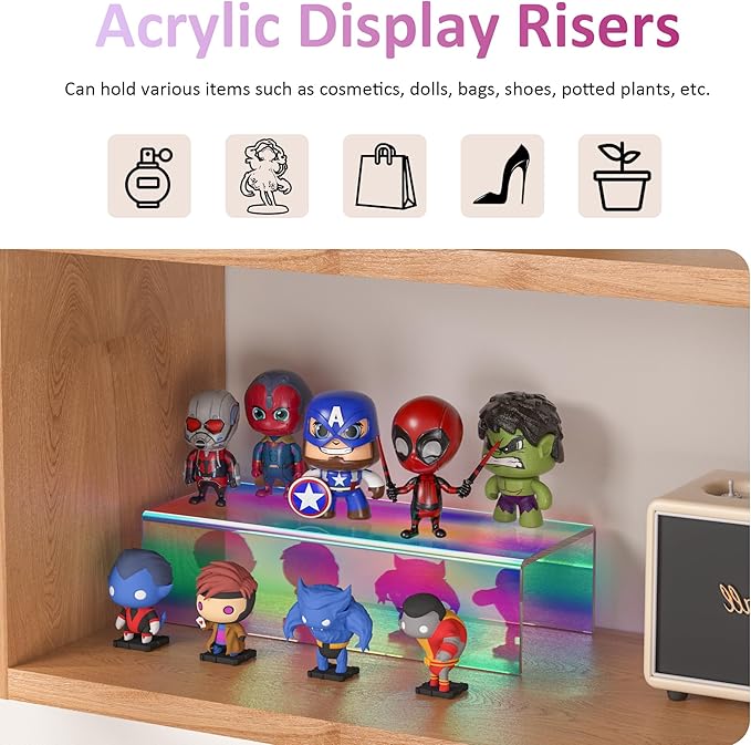 Sezanrpt Acrylic Shelf Riser 12x4.7x3 pack of 2, Iridescent Desktop Rectangular Acrylic Tray Pedestal Stand for Funko Pop Figure, Bags, 12x4.7x3 Inch