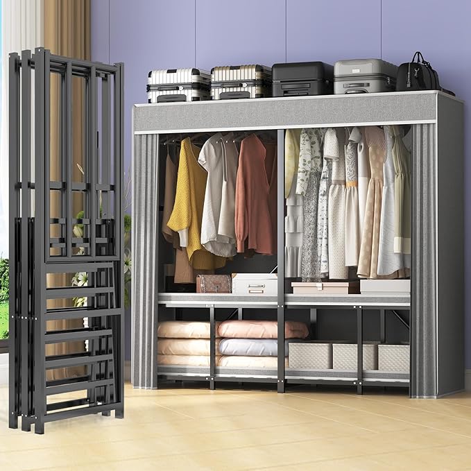 95% Assembled 66" L Clothes Racks for Hanging Clothes, Premium Metal Strong Heavy Duty Clothes Rack with Cover, Portable Foldable Freestanding Garment Rack, Black