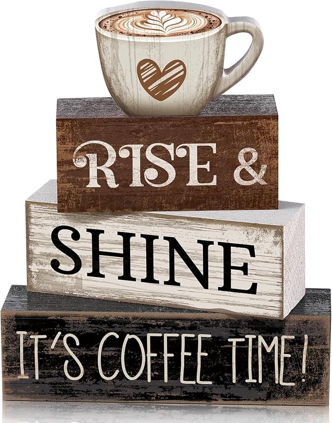 Moucuny 4 Pcs Farmhouse Coffee Bar Sign Decor Wooden Cup Rise & Shine It's Coffee Time Rustic Wood Cafe Sign Gift for Home Kitchen Tabletop Decor