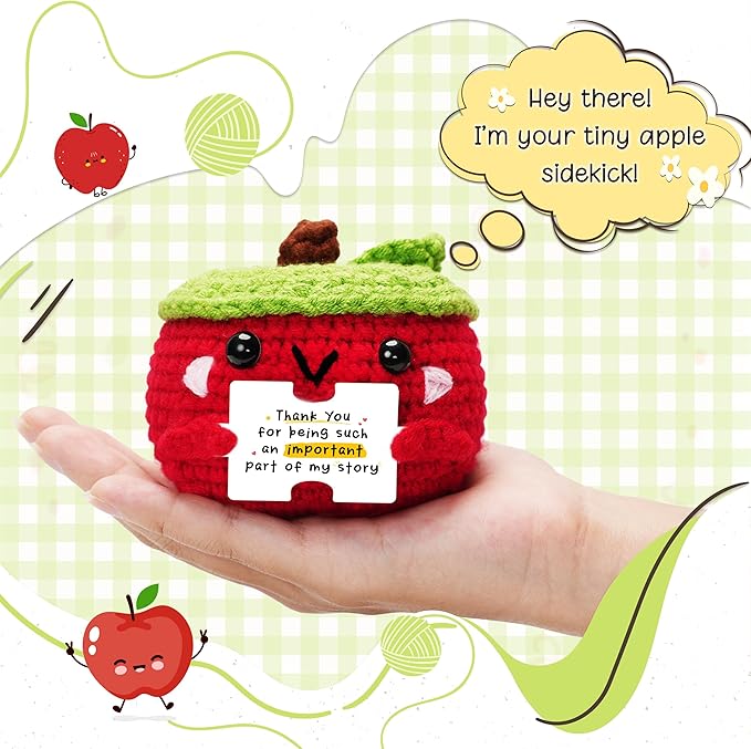 HEXMOZ End of Year Teachers Gifts - Apple Gift for Teachers - Daycare Teacher Appreciation Gifts - Thank You for Being Such an Important Part of My Story Handmade Collectible Crochet Plush Doll