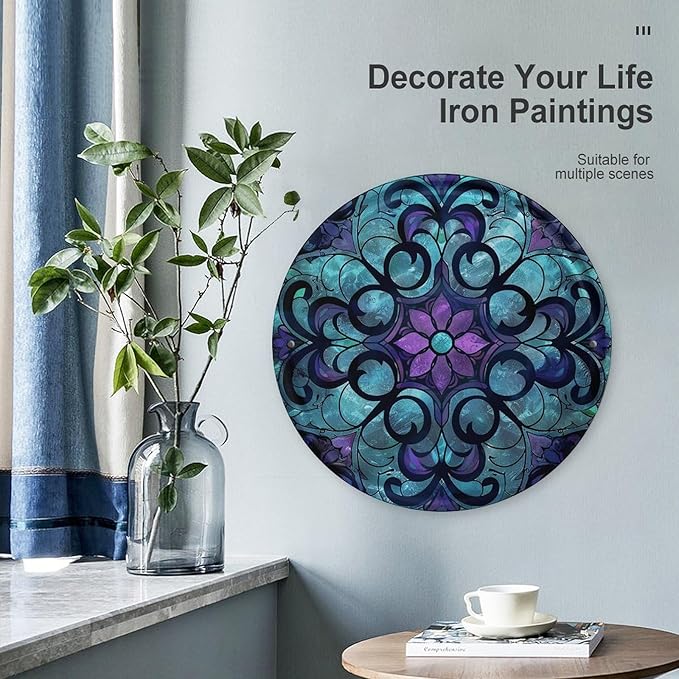 Wall Picture, with Stained Glass Pattern Printed Circular Iron Hanging Picture,Wall Art Decor,Home for Bedroom Living Room Bathroom Decor,Iron Painting 11.8X11.8 in