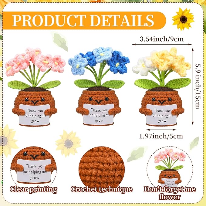 Wavwavw 3 Pack Teacher Appreciation Gift Positive Flower Handmade Crochet Doll Thank You for Helping Me Grow Gifts Back to School Gifts for Women Teacher(Forget Me Not)