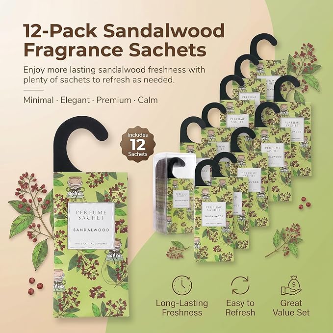 ROSE COTTAGE Large 12 Packs Sandalwood Hanging Closet Deodorizer Air Freshener Long Lasting Scented Sachets Smell Goods for House