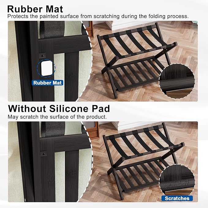 Smuxee Fully Assembled Luggage Rack for Guest Room, Upgraded Bamboo Foldable Suitcase Stand with 5 Nylon Straps, Luggage Holder with Shelf for Bedroom Hotel