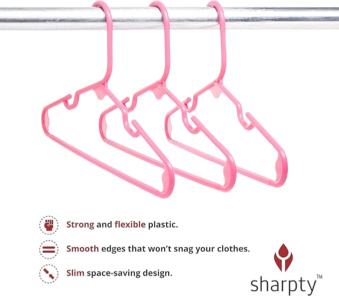 Sharpty Kids Plastic Hangers, Children's Hangers for Baby, Toddler, and Child Clothes - Everyday Standard Use - Ideal for Boys and Girls Closet, Clothing, Pants, Coats, and More - Pink, 20 Pack