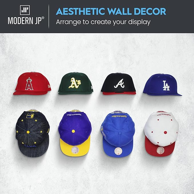 Modern JP Adhesive Hat Hooks for Wall (16-Pack) - Hat Rack for Baseball Caps, Minimalist Hat Display, Strong Hold Hat Hangers for Wall - USA Patented, Clear
