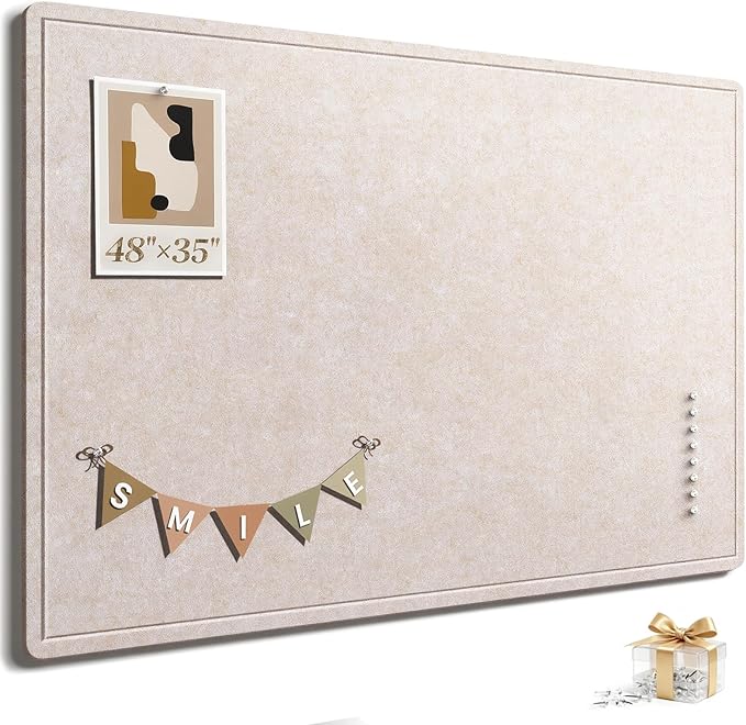 Large Bulletin Board, 48 X 35 Inches Felt Cork Board with 40 Pushpins, Foldable Felt Notice Pin Board Photo Display Board with Self-Adhesive Tape for Office Home School (Oatmeal, 48x35 inch)
