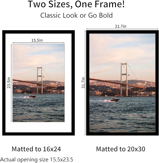20x30 Picture Frame Black Set of 3, Display Pictures 16x24 with Mat or 20 x 30 Without Mat, Poster Frames 20x30 for Wall Hanging Horizontal and Vertical