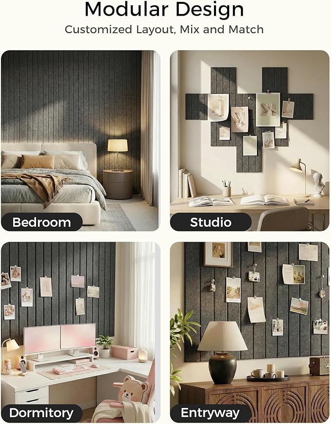 Aothia 12-Pack Felt Bulletin Board Tiles - 48x36 Modular Pin Board for Walls, 0.2" Thick Cork Board Alternative for Office & Classroom, 70 Adhesive Tabs & 40 Pushpins Included (Charcoal Gray)