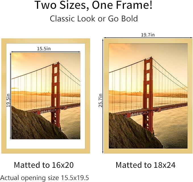 18x24 Picture Frame Gold Set of 3, Display Pictures 16x20 with Mat or 18 x 24 Without Mat, Poster Frames 18x24 for Wall Hanging Horizontal and Vertical