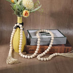 Farmhouse Beads 59 Inch Wood Bead Garland, Decorative Beads Boho Decor with Tassels Wall Hanging Home Decor Rustic Country Decoration Prayer Bead for Dining Table, Shelf, Bedroom (Natural)