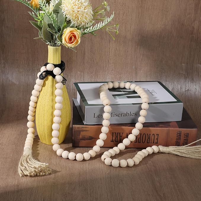 Farmhouse Beads 59 Inch Wood Bead Garland, Decorative Beads Boho Decor with Tassels Wall Hanging Home Decor Rustic Country Decoration Prayer Bead for Dining Table, Shelf, Bedroom (Natural)