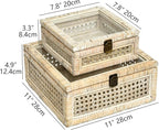 DECOR4SEASON Rattan and Cane Square Stacking Boxes with Glass Top Lid - Set of 2 for Boho, and Rustic Farmhouse Décor, White Wash