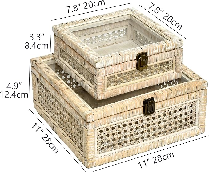 DECOR4SEASON Rattan and Cane Square Stacking Boxes with Glass Top Lid - Set of 2 for Boho, and Rustic Farmhouse Décor, White Wash