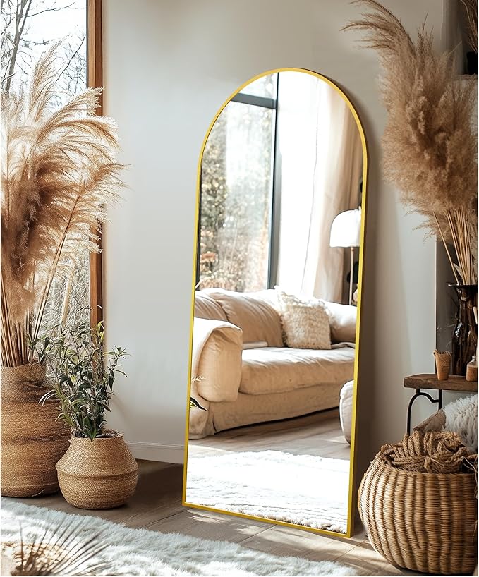 Delma Wall Mirror Full Length, Standing Floor Mirror for Bedroom Bathroom Living Room with Aluminium Frame (with Stand, Arch 69x24-Gold)