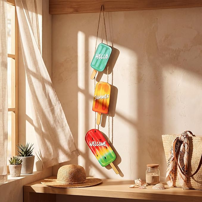 Summer Door Decorations Ice Cream Hanging Sign, Hello Summer Welcome Wood Hanging Wreath Sign, Watercolor Vintage Porch Wall Decor, 26.2 x 10.2 Inch Wooden Wreath for Front Door Indoor Outdoor