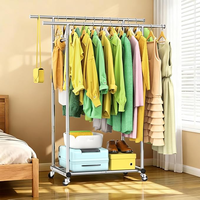 100% Stainless Steel Double Rods Clothes Rack, Heavy Duty Clothing Rack for Hanging Clothes with Sturdy Wheels & Shelves, Portable Rolling Garment Rack for Wardrobe Bedroom Laundry Living Room
