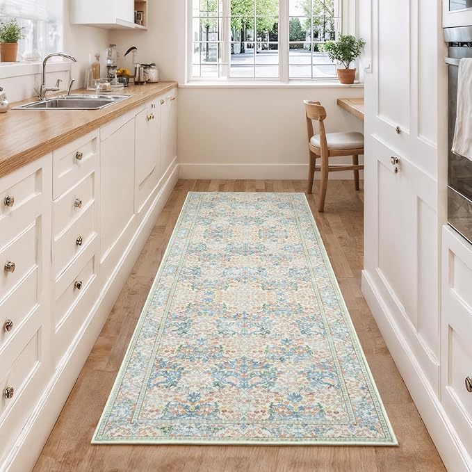 Lessymo Floral Runner Rug for Entryway, 2x6 Kitchen Rugs Non Slip Rubber Soft Washable Runners for Hallway, Faux Wool Small Carpet Bedside Rug, Vintage Floral Design Decor, Beige Brown