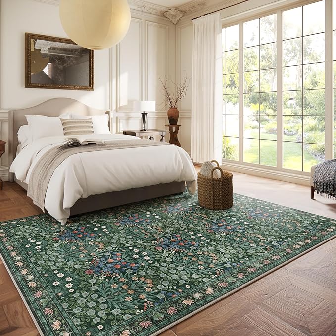 Washable Dark Green 6x9 Oriental Style Area Rug for Dining Room Under Table & Living Room, Low Pile Non-Slip Stain Resistant Carpet for Bedroom