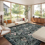 Washable Area Rugs 9x12 Black Green Vintage Floral Botanical Pattern,Perfect for Living Room, Bedroom, Kids Room, Nursery - Stain & Water Resistant Non-Slip, Pet & Child Friendly/Bedroom Decor