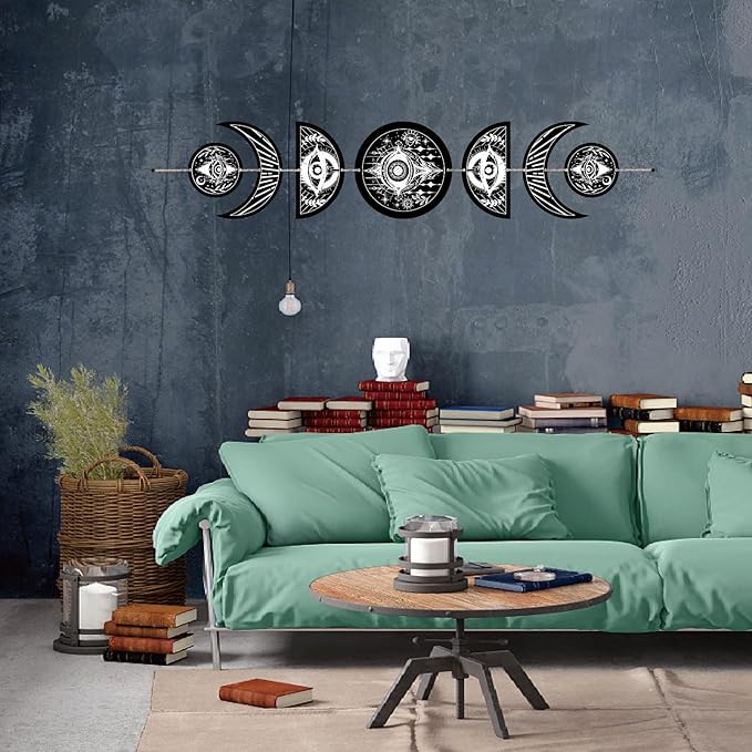 CREATCABIN 7Pcs Devil's Eye Moon Cycle Home Decor Bohemian Moon Phase Wall Hanging Ornament Wooden Moon Wall Vertical Decorative Hang for Bedroom Family Farmhouse Gallery Apartment Bar 37.1x6.3in
