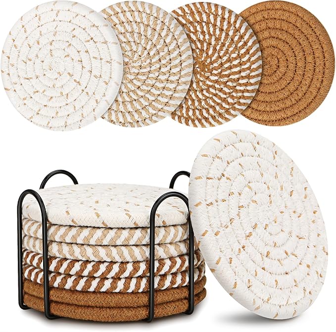 Coasters for Drinks, Coasters Set of 4 - Color, 8 Pack Coaster Set, Boho Coaster with Holder, Coffee Table Decor, Living Room Decor, Kitchen Table Decor