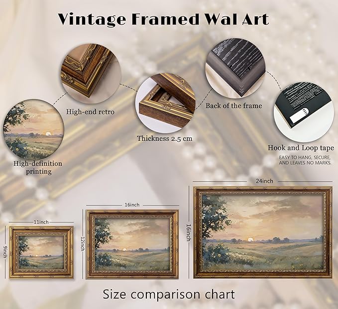 Vintage Gold Framed Wall Art Retro Fall Sunset Country Oil Painting Canvas Prints Watercolor Autumn Landscape Picture Rustic Farmhouse Soft Nature Poster Artwork for Living Room Bedroom, 12x16in