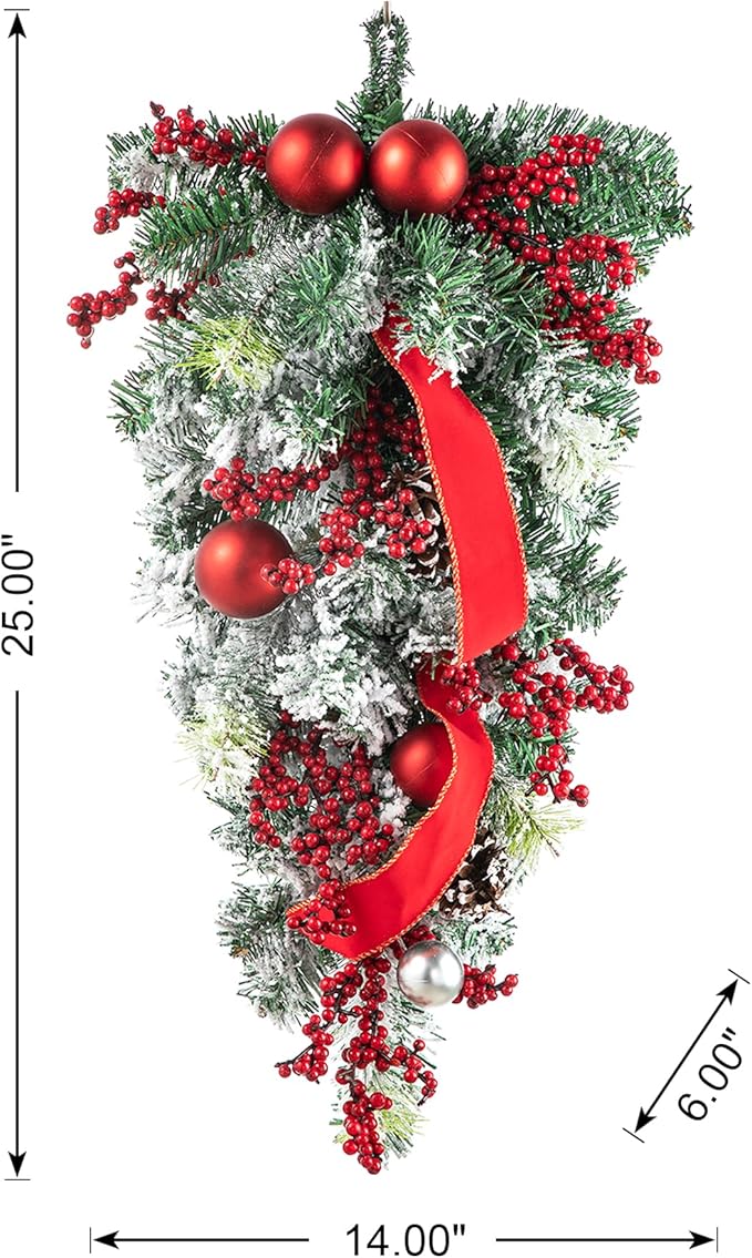 Glitzhome 25" Flocked Christmas Teardrop Door Swag with Berries, Ornaments and Pinecones Snow Dusted Hanging Garland for Front Door Indoor Holiday Decor