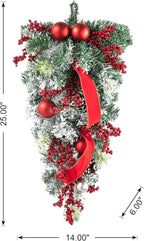 Glitzhome 25" Flocked Christmas Teardrop Door Swag with Berries, Ornaments and Pinecones Snow Dusted Hanging Garland for Front Door Indoor Holiday Decor