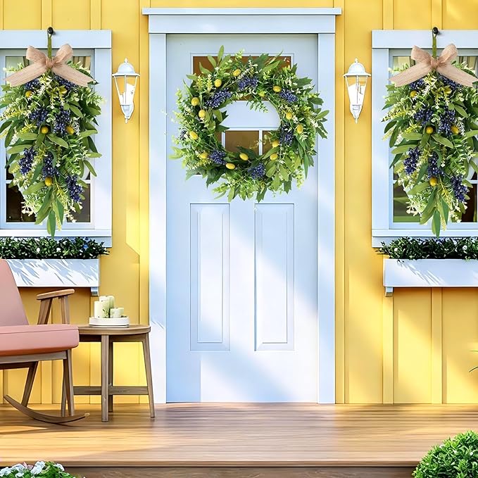 3 PCS Artificial Green Eucalyptus Olives Wreaths for Front Door Spring Summer Greenery Teardrop Swag with Eucalyptus Leaves Boxwood Mixed Berry for Indoor Outdoor Farmhouse Home Festival Wedding Decor