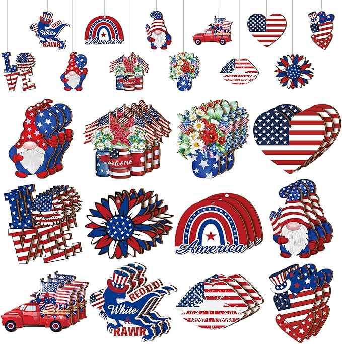 Sintuff 36 Pcs 4th of July Tree Decorations Patriotic Ornaments for Tree Independence Day Hanging Ornament Summer Red White Blue Wooden Decor for 250th Anniversary Memorial Day Party Supplies Crafts