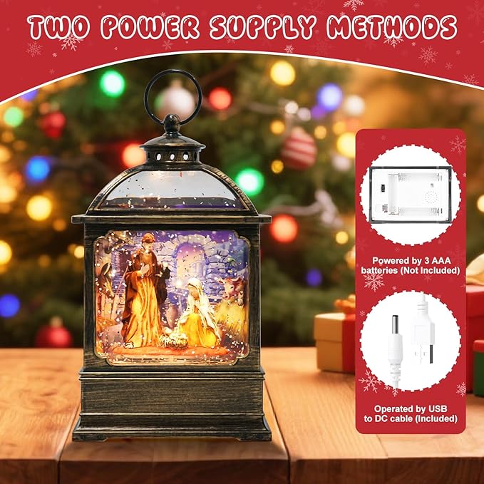 Christmas Snow Globe Lantern with Nativity Music Songs & 6H Timer Water Snow Globe Lantern USB & Battery Operated for Christmas Festival Decorations Gifts (Nativity)