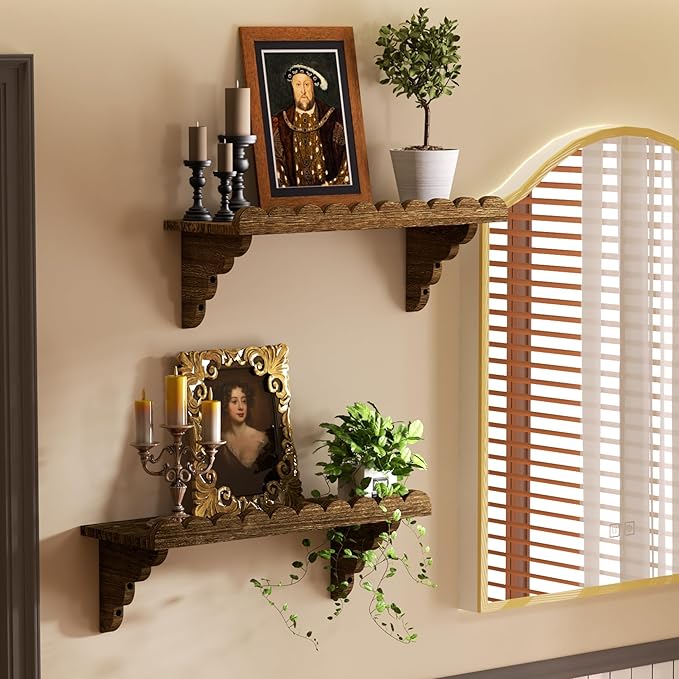 QsQueen Scalloped Wood Wall Shelf – 17 Inch Floating Shelf with Wood Brackets, Easy to Install Rustic Wall Shelf for Living Room, Bedroom, Bathroom, or Any Space