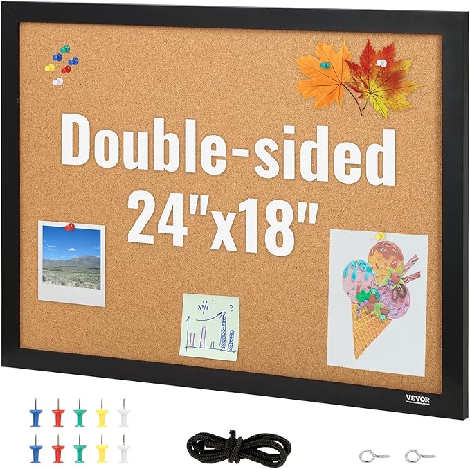 VEVOR Cork Board for Walls, Double-Sided Cork 24" x 18" Bulletin Board Vision Board, Push Pin Board with Framed for Office Home and School