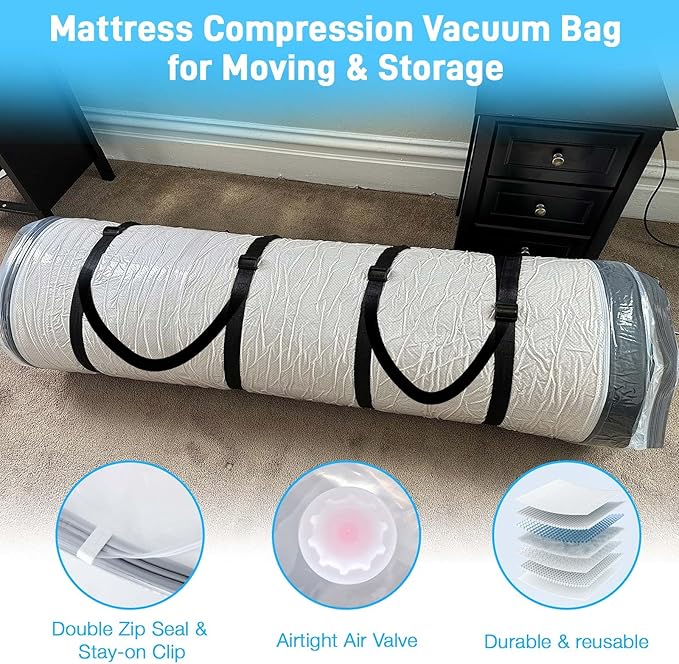 Mattress Vacuum Bag Twin/Twin XL Space Saver Mattress Vacuum Seal Bag with Straps for Moving Double Zip Seal Reusable Mattress Compression Vacuum Storage Bags