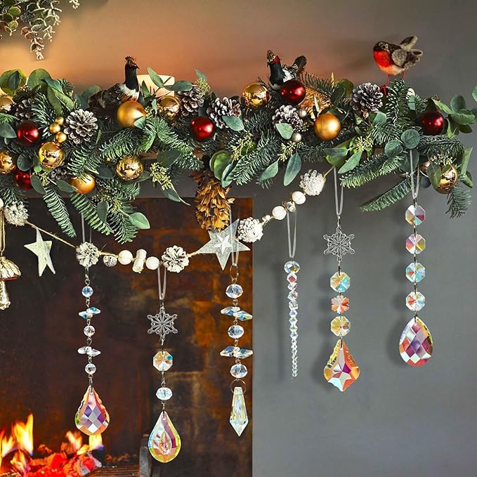 GuassLee Christmas Crystal Prism Ornaments for Christmas Tree - 6pcs Iridescent Teardrop Crystal Glass Sun Catcher for Christmas Decorations Indoor Tree Birthday Party Decor