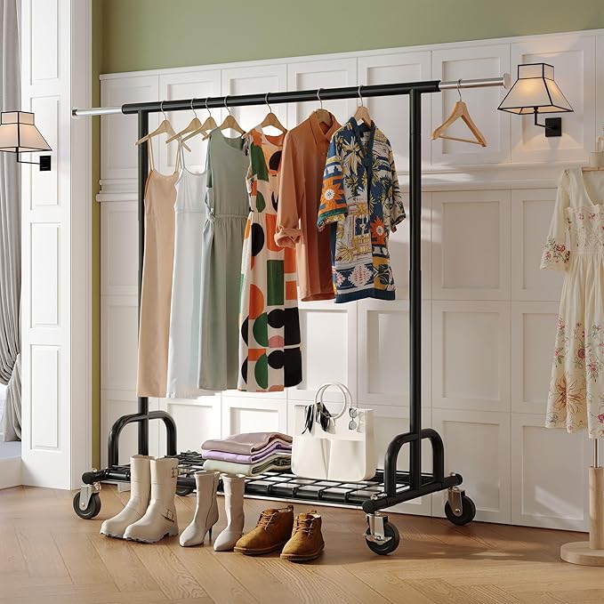 Raybee Clothes Rack Heavy Duty Load 530 LBS, Clothing Racks for Hanging Clothes, Rolling Clothing Rack, Extendable Adjustable Portable Clothes Rack, Metal Garment Rack, Black