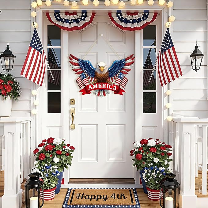 Wooden 4th of July Decoration Door Wreath for Front Door Sign America Eagle Wall Signs,250 Anniversary Independence Day Patriotic Day Wreath Welcome Memorial Day Hanging for Home Party Outdoor Indoor