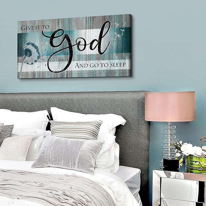 Christian Wall Decor Bible Verse Wall Art Give It to God and Go to Sleep Bedroom Pictures Faith Quote Canvas Painting Teal Religious Scripture Poster Dandelion Artwork Living Room Decorations 20x40"